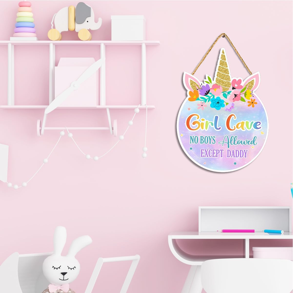 Unicorn Theme Room Decor,Girl Cave Wall Sign Decor,Pink Purple Rainbow Wall Art Decor for Girls,Unicorn Wood Hanging Sign for Baby Girls Bedroom Living Room