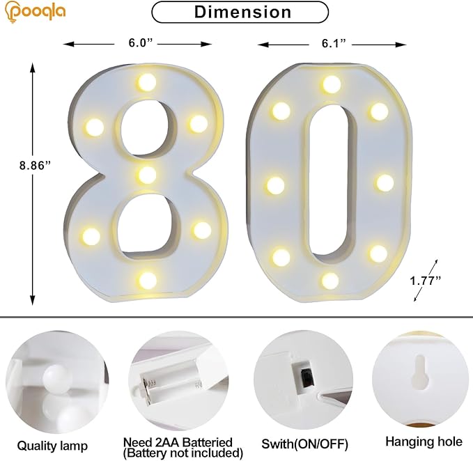 Pooqla Decorative LED Light Up Number Letters, White Plastic Marquee Number Lights Sign for 80th Birthday Party Wedding Decor, Battery Operated (80)