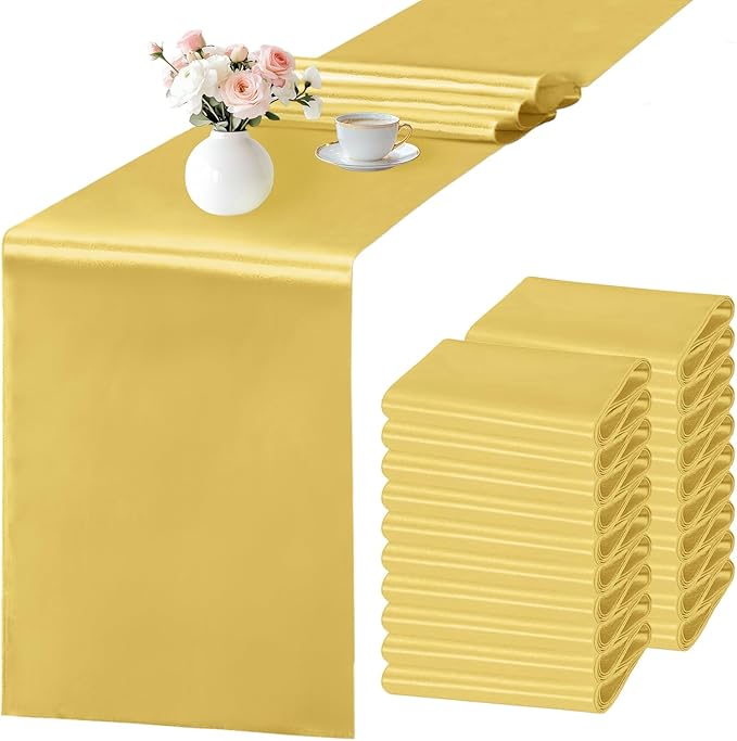 SHEJIZE 20 Pack Light Gold Satin Table Runner 12x108 Inches Long, Bright Silky Smooth Satin Table Runner Table Decor for Wedding Banquet Christmas Prom Event Birthday Party