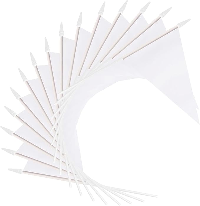 12 Pack White Pennant Flags Small Mini Hand Held Solid Color Pennant On Sticks Flags with 12.6"Solid Pole & Spear Top,Party Events Celebration,School,Grand Opening,Kids Birthday,Sports Clubs,Flower Pot