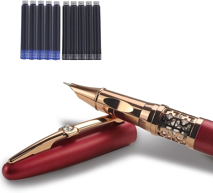 YUNCHUN Refillable Fountain Pen Fine Nib, Fancy Ink Pen with 5 Black & 5 Blue Ink Refills Cartridges, Cool Ink Pens for Writing, Business Metal, Best Gift Set for Men & Women, Red