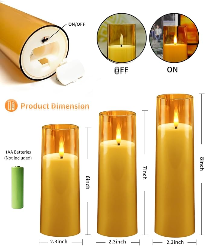 Flickering Flameless Candles Battery Operated with Remote and 2/4/6/8 H Timer Plexiglass Led Pillar Candles Pack of 9 (D2.3 xH 6" 7" 8") with Realistic Moving Wick Candles for Home Decor(Gold)