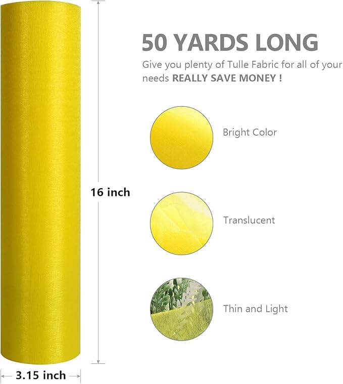 Crystal Organza Fabric Tulle - 16" by 50 Yards Sheer Fabric for Wedding Party Decoration Bridal Shower Tutu Roll Netting Spool Ribbon Wrapping (Yellow)