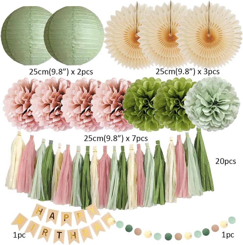 Olive Green and Pink Birthday Decorations Sage Green and Dusty Pink Birthday Decorations Dusty Rose Pom Poms Boho Sage Green Birthday Party Decorations with Green Pink Tassel Garland for Women Girls