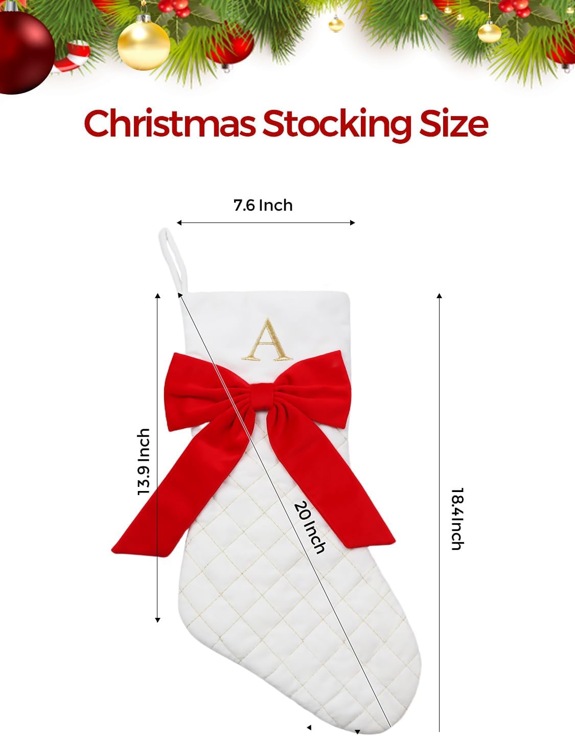 Personalized Christmas Stockings 20 Inch Large, White Xmas Stocking with Gold Embroidered Initial and Red Bow, for Christmas Tree Fireplace Holiday Decor (M)
