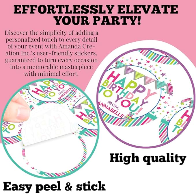 Custom & Personalized Happy Birthday to You Gift Tag Sticker Labels in Pastel Colors for Girls, 40 2" Party Circle Stickers by AmandaCreation, Also Great for Envelope Seals & Gift Bags