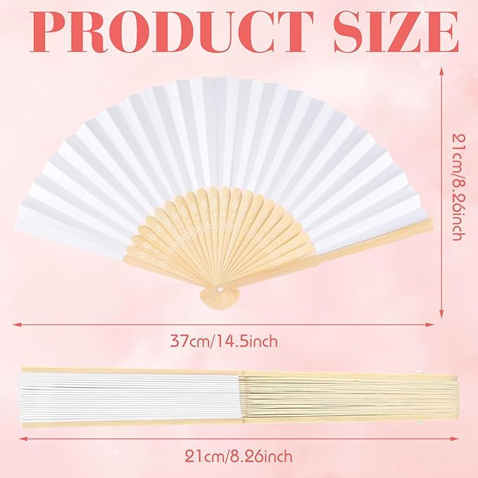 24 Pieces White Hand Held Bamboo Folding Fans Paper Fans Handheld for Women Foldable Girls Wedding Decoration Church Home Party Favors Summer
