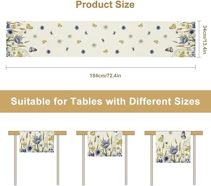 Floral Table Runner, Spring Watercolor Flower Plants Nature Butterfly Table Runner for Kitchen Dinner Living Room Home Party, 13x108 Inch