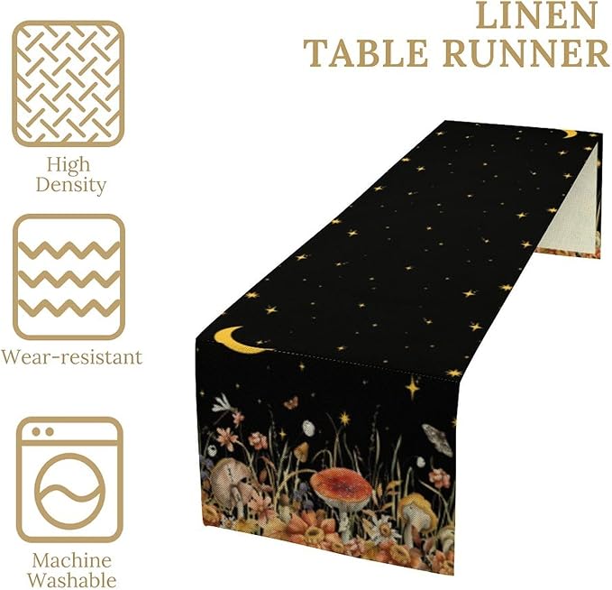 Mushroom Kitchen Table Runner, Gothic Moon Star Plants Witchy Moonlit Flower Butterfly Table Runner for Kitchen Party Living Room Drapes, 13x60 Inch Black