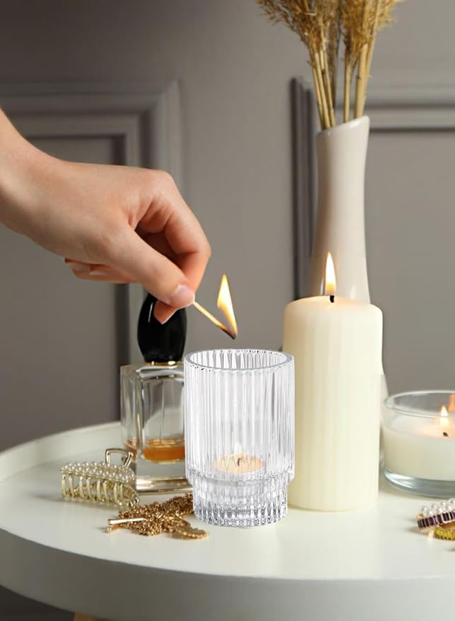 Serene Spaces Living Ribbed Glass Votive Holders – Elegant Pleated Candle Holders for Tea Lights, Votive Candles – Decorative Glass Holders for Home, Weddings, 3.75" Tall and 2.25" Diameter, Set of 4