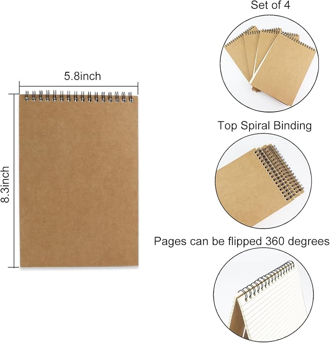 4 Pcs Top Bound Spiral Notebook,8.3 inch x 5.8 inch,60 Sheet,7mm College Ruled Paper,A5 Spiral Note Pads Memo Lined Notebook Journal for School and Office Supplies (Kraft)