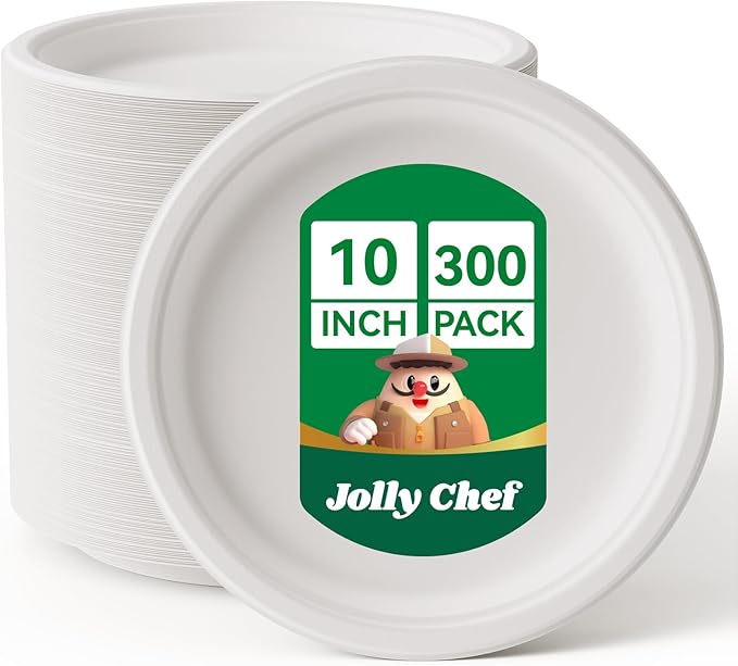 JOLLY CHEF Compostable Heavy Duty Plates 𝟭𝟬 𝗜𝗻𝗰𝗵 [𝟯𝟬𝟬 𝗣𝗮𝗰𝗸] Eco-Friendly Disposable White Paper Plates Made of Bagasse Biodegradable Bulk for Party Dinner Sugarcane Fibers Round 300 Count