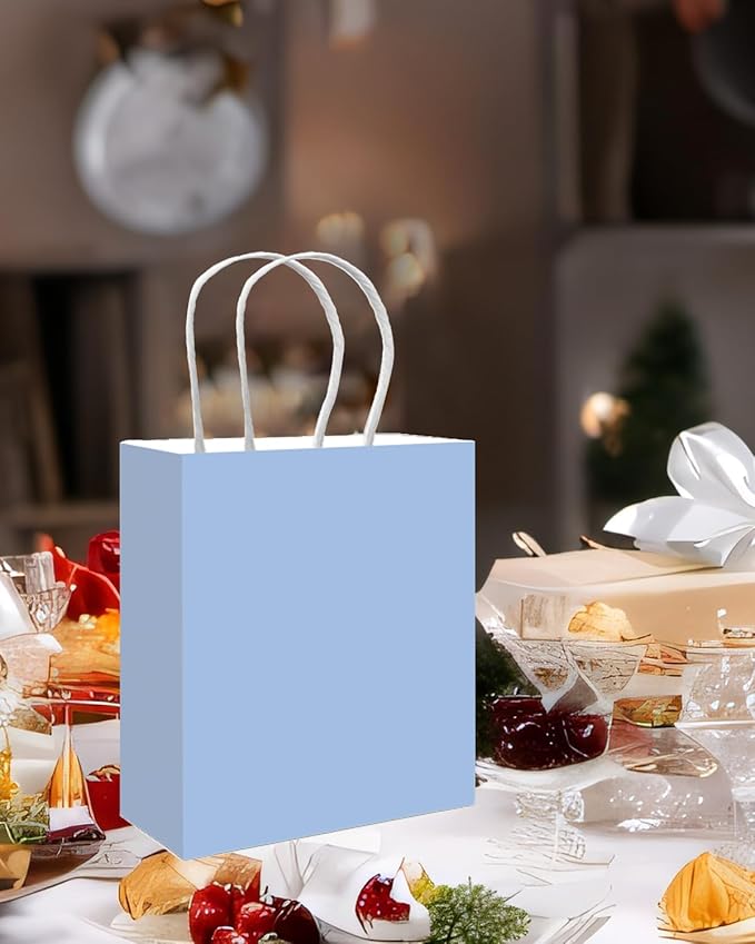 qiqee 50-Packs Gift Bag with Handles Bulk Light Blue Paper Bags Multiple Uses (8.3"x3"x6" Small Size)