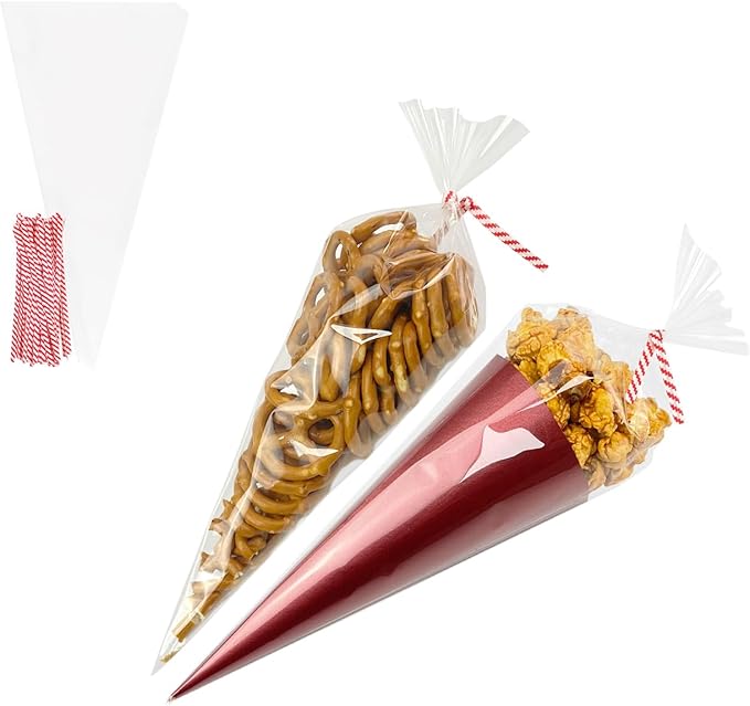 EKAPACKAGING 100Pcs 6x10 Inches Clear Cone Shaped Treat Cellophane Bags Twist Tie Triangle Christmas Party Favor Cotton Candy Bags With Ties For Popcorn, Chocolates, Ice Cream Cone