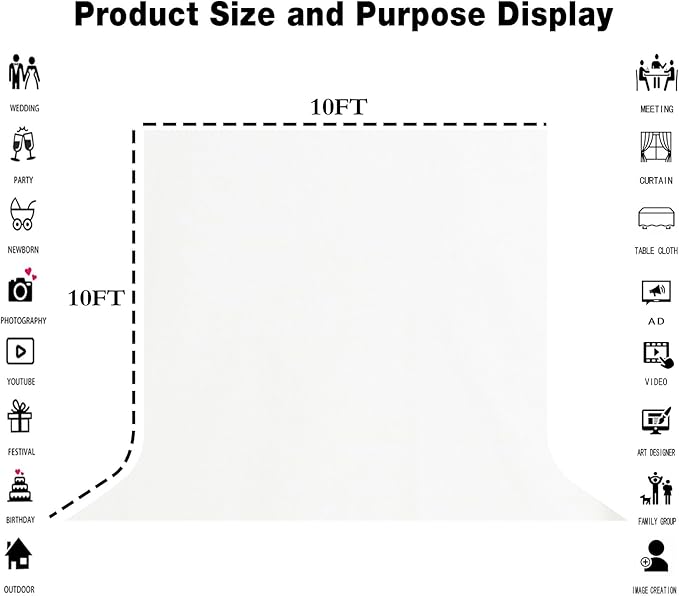 White Large Screen Backdrop for Photography 10x10FT Zoom Meeting, Game Live Steaming and Photo Studio Shooting Props