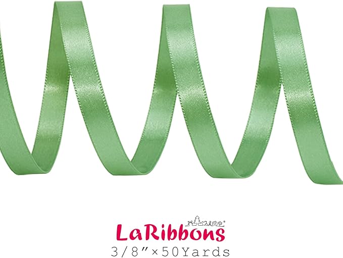 LaRibbons Sage Green Satin Ribbon 3/8 Inch 50 Yards Thin Luxury Double Faced Green Silk Ribbon for Flower Bouquet Crafts Gift Wrapping Wedding Decoration