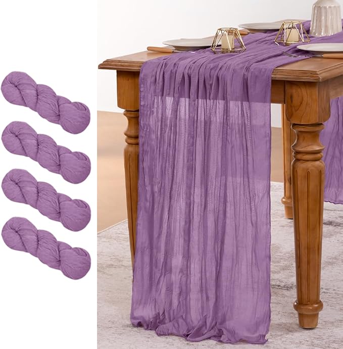 MLMW 4 Pack Fall Table Runner Purple Cheesecloth Boho Rustic Sheer Cheese Cloth Table Runner 160 inch 13.3ft for Halloween Wedding Party Baby Bridal Shower Birthday