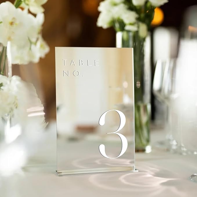 JINMURY Sliver Wedding Table Numbers 1-20 with Stands, 5"x7" Sliver Mirror Acrylic Table Numbers for Wedding Reception (Sliver Mirror White Font, Number 1-20, 5"x7")