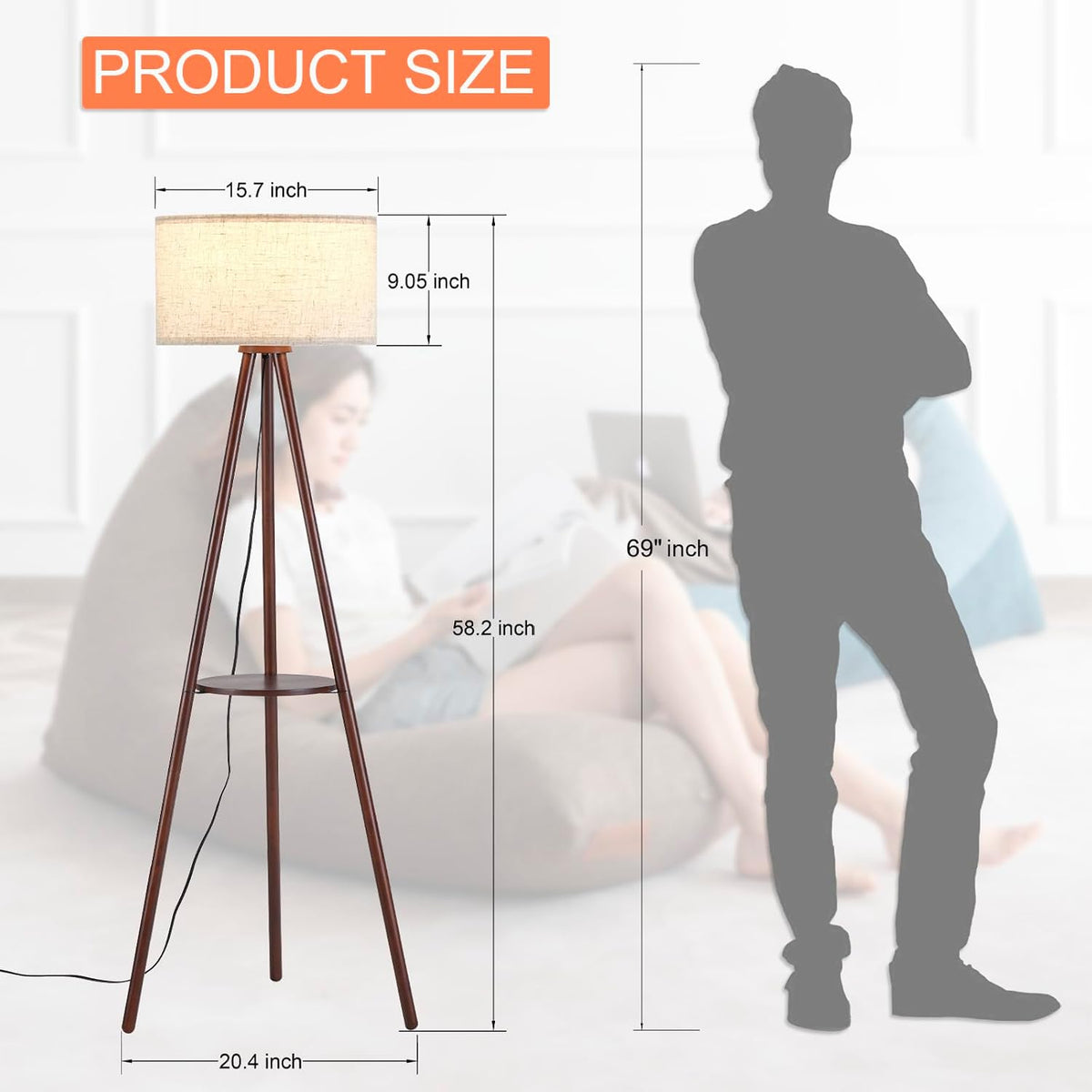 btp wood tripod floor lamp for living room showing dimensions
