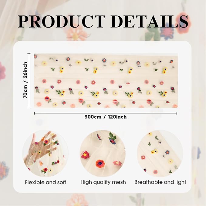 Artoid Mode 3PCS Champagne Embroidery Daisy Gauze Table Runner 120 Inch 10FT, Seasonal Sheer Kitchen Dining Holiday Wedding Birthday Table Decor for Home Party