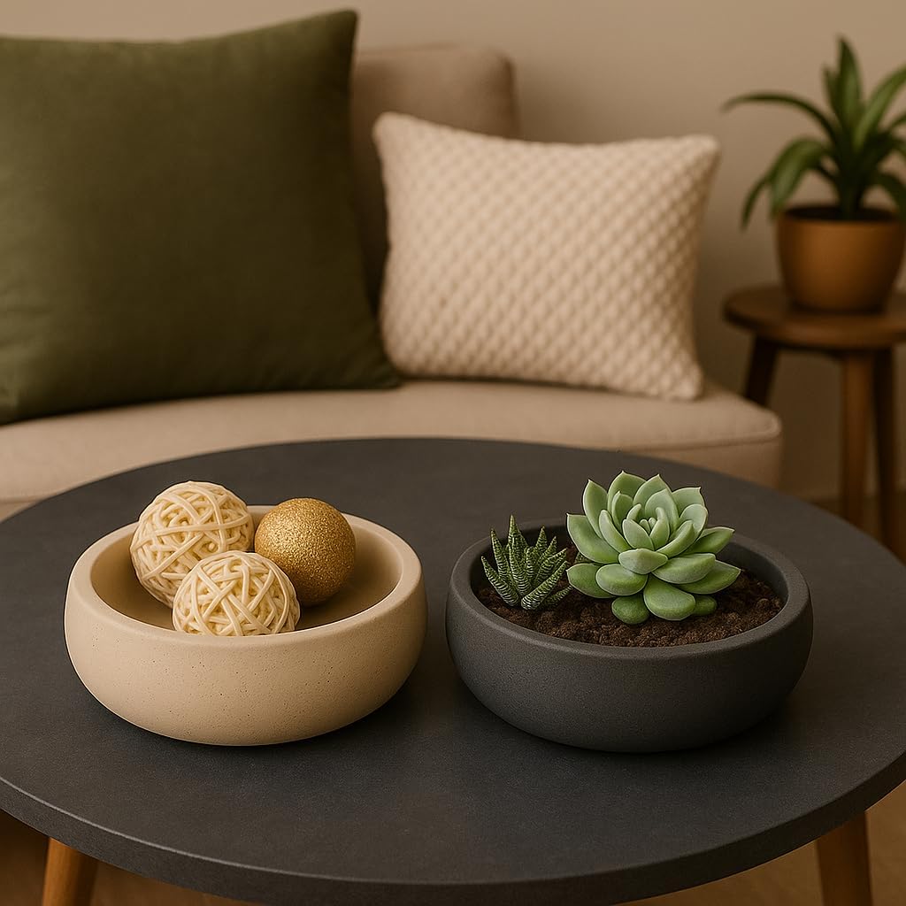 Concrete Succulent Pot Bowl, Modern Decor, Gift, Wedding/Shower Favor, Candle Vessel, 6 in (Charcoal, with Drainage Hole) (Buff, Without Drainage Hole)