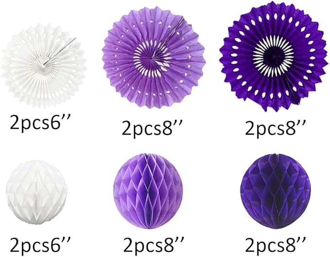 12pcs 6’’ 8’’ Honeycomb Balls Tissue Paper Fans Party Honeycomb Ball Fans Wall Tissue Pom Poms Flower Balls Hanging Paper Fans for Party Baby Shower Birthday Wedding Nursery Decor(White Purple kit)