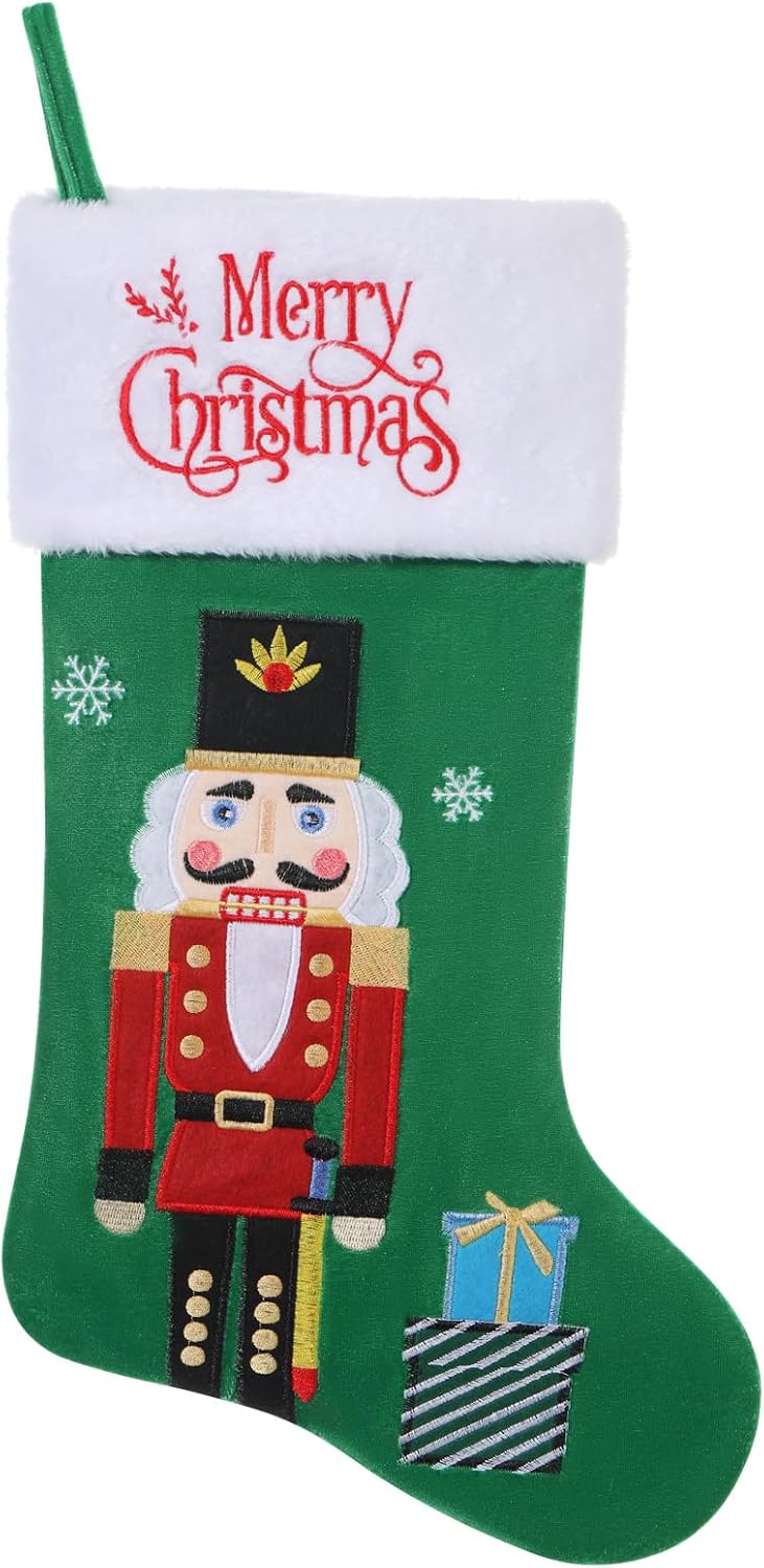 20" Christmas Stockings Nutcracker Green with Plush Cuff | Green Christmas Stocking with Nutcracker Soldier Embroidery, Fireplace Hanging Decor for Christmas Holiday Party Supplies