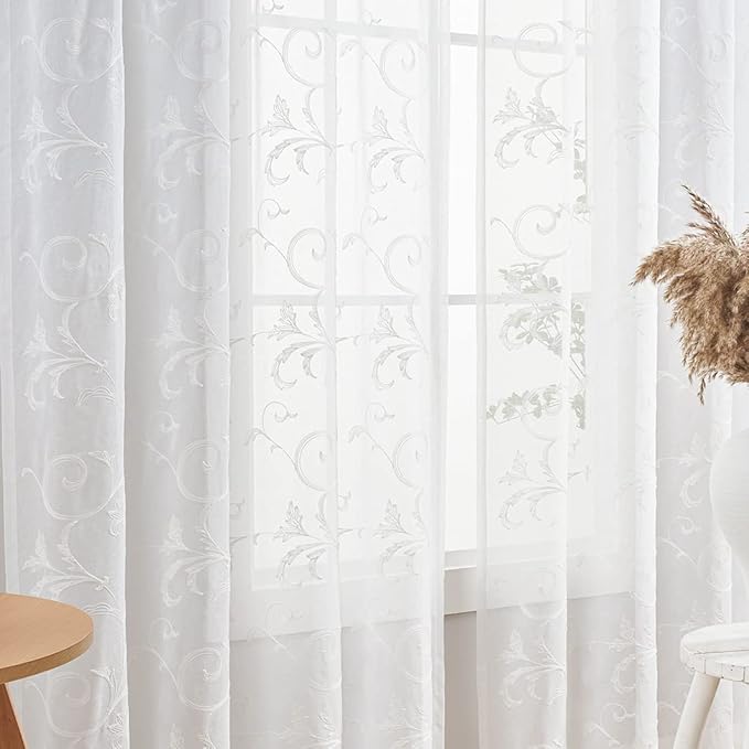Sheer Curtains White 63 Inch Embroidered Floral, Rod Pocket Voile Drapes for Living room, Bedroom, Vintage Embroidered Semi Crinkle Curtain Panels for Yard, Patio, Villa, Parlor, Set of 2, 52"x 63".