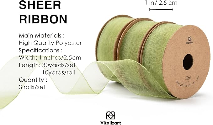 Vitalizart Sage Green Ribbon Organza Sheer Ribbon 1 inch x 30 Yd Handmade Fabric Ribbons for Gift Wrapping Christmas Tree Crafts Bows Wedding Invitations Wreaths Wrap
