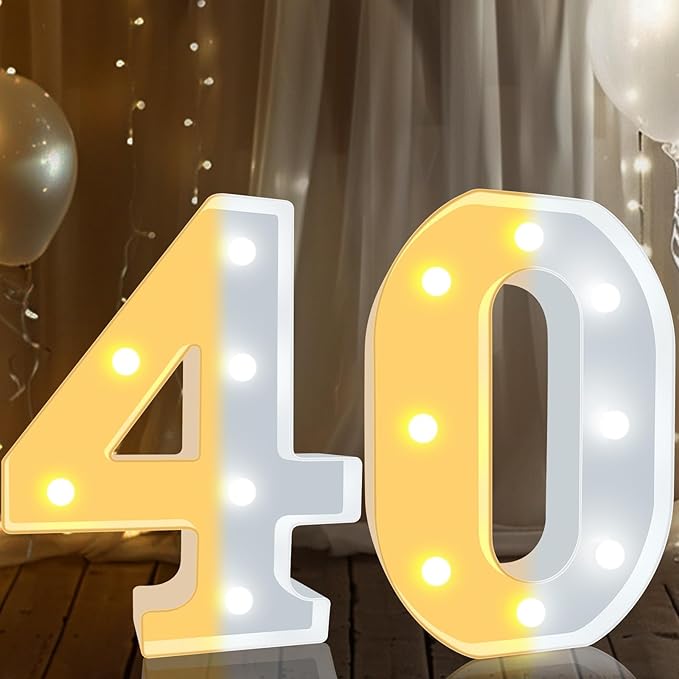 Pooqla 40th Birthday Decoration for Woman Man, Decorative LED Light Up Numbers, Marquee Numbers 40 Sign for Party Backdrop 40th Wedding Anniversary Decor, Warm White and Cool White Number 40