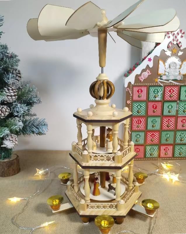 17 Inches Christmas Wooden Pyramid with 6 Candle Holders- Nativity Scene Set-Under The Christmas Tree - Table Top Holiday Decor - 3 Tiers Carousel (Two)