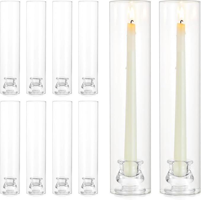 NUPTIO Candlestick Holder Bulk for Centerpiece: Set of 10 Hurricane Glass Taper Candles Holder - Clear Candle Stick Stand with Tall Cylinder Shade for Fall Thanksgiving Christmas Party Decor