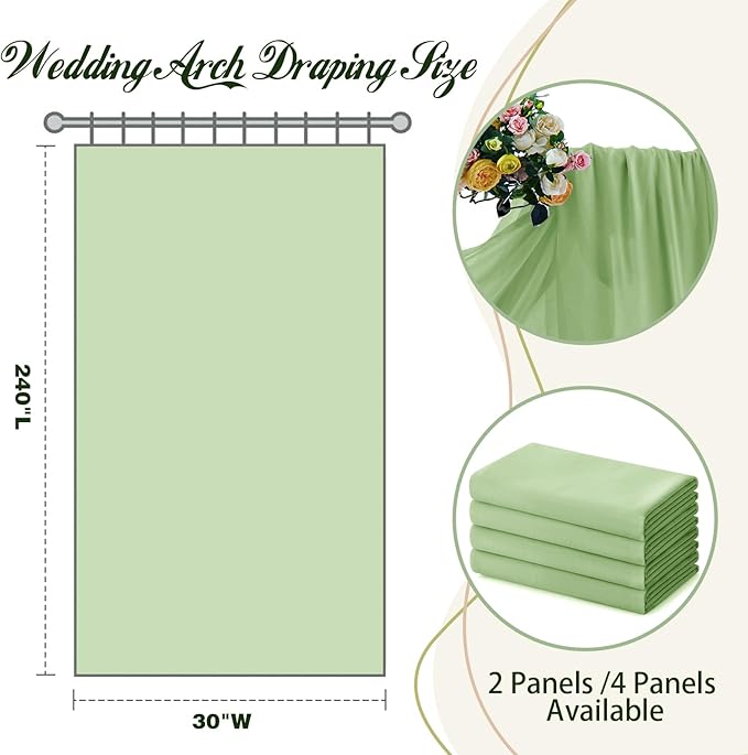 SiinvdaBZX 2 Panels Wedding Arch Draping Fabric 30" x 20Ft Sage Green Sheer Chiffon Fabric Outdoor Extra Long Decorative Drapery Fabric for Party Ceremony Ceiling Curtain Backdrop