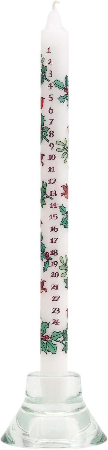 Alison Gardiner Holly and The Ivy Dinner Candle - Festive Illustrator Wax Advent Candle 15.5" Tall - Unscented Christmas Countdown Candle with 12 Hour Burn Time - Made in England