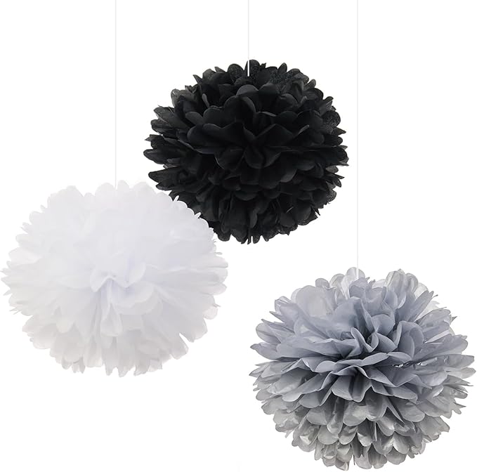 Tissue Pom Poms Tissue Paper Flowers Tissue Fluff Balls Party Decorations 12-Inch Pack of 12 (Black, White, Silver)