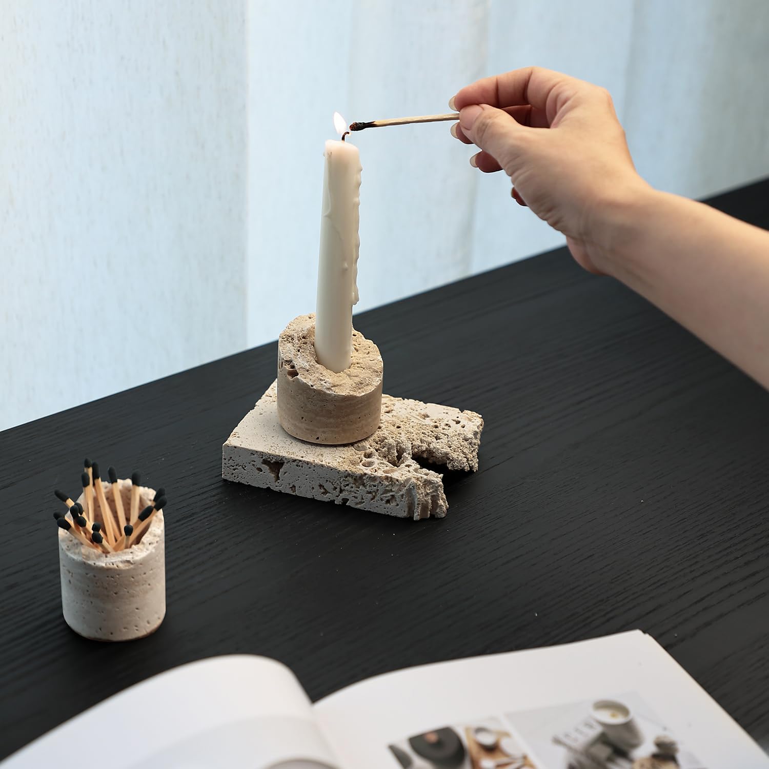 Match Holder with Striker - Set of 2 - Handmade Travertine Match Box - Matches in a jar for Bathroom Candle - Cute Home Decor - Matches Not Included