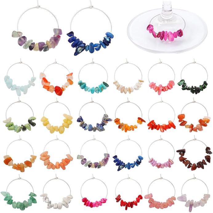 Pride & Par 24 Pcs Nature Gemstone Beads Glass Charms for Stem Glasses, Wine Glass Decoration for Weddings, Parties