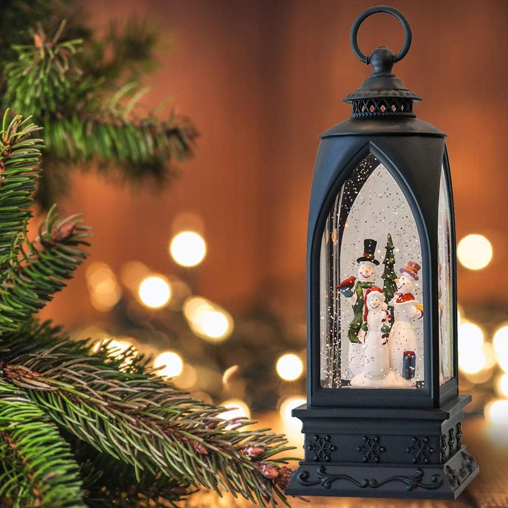 Eldnacele 12” Christmas Snow Globe Lantern Snowman with Music & Timer, USB Lined/Battery Operated Lighted Water Glittering Lantern for Christmas Festival Decoration Gifts – Snowman