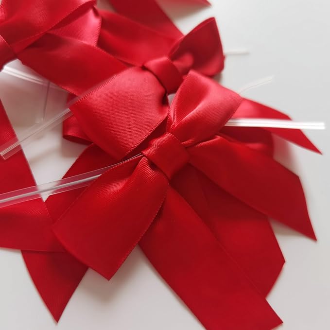 50pcs 3-1/2" Red Satin Ribbon Bows with Twist Ties Giant Bows for Christmas Holiday Gift Packing&Wrapping (Red)