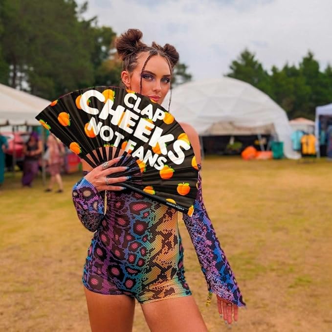 Kandies World UV Reactive Custom Festival Folding Hand Fan - Unique Designs, Bamboo, Clacking Sound, Lightweight - Perfect Rave and Festival Accessory! (Clap cheeks not fan)