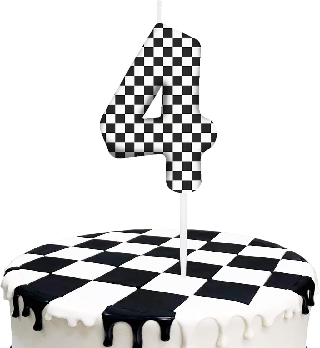 Race Car Birthday Number 4 Candles Cake Topper Birthday Party Decorations | Black and White Checkered Flag Themed Birthday Candles for Cupcake Topper Boys Girls Party Supplies