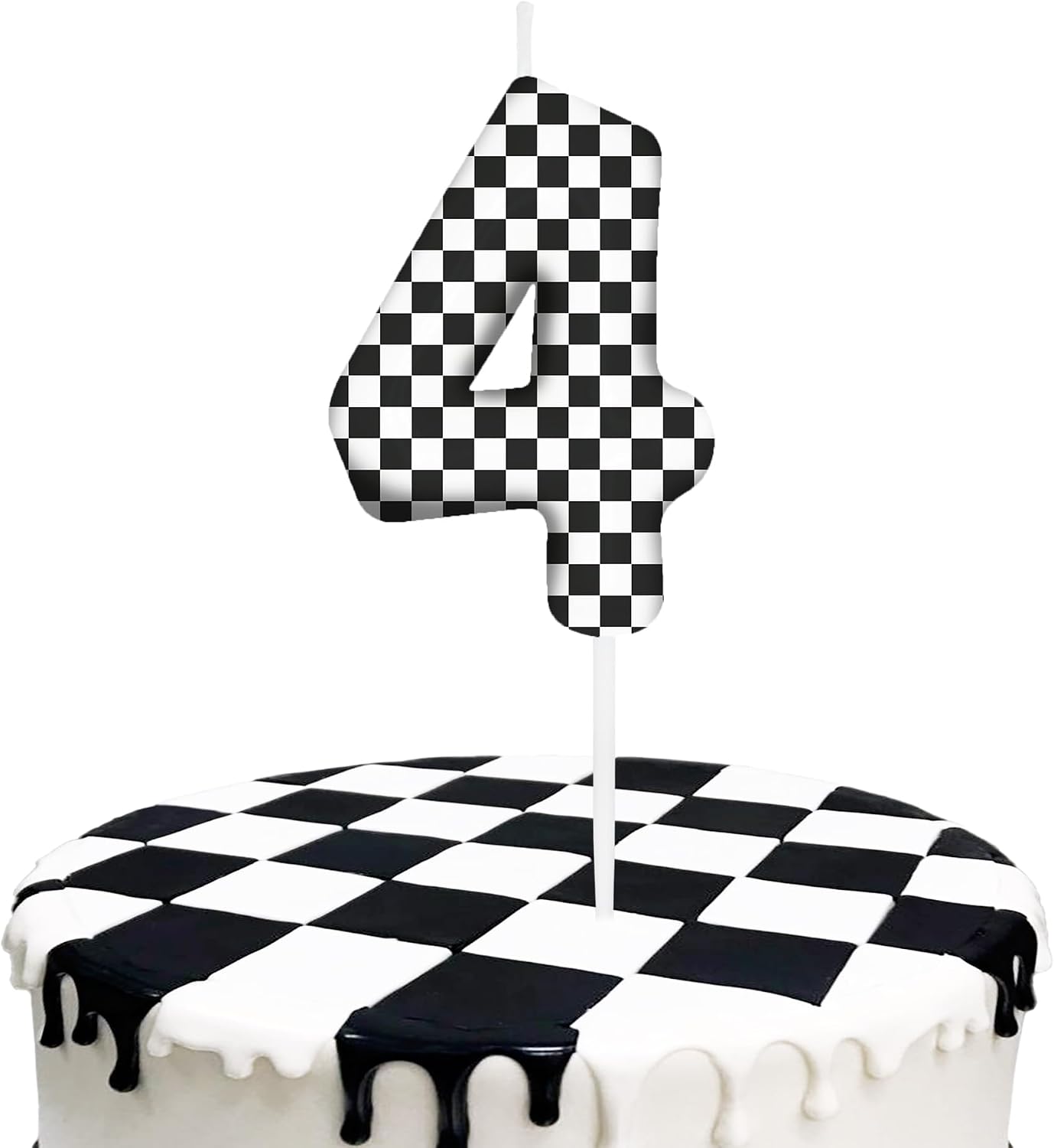 Race Car Birthday Number 4 Candles Cake Topper Birthday Party Decorations | Black and White Checkered Flag Themed Birthday Candles for Cupcake Topper Boys Girls Party Supplies