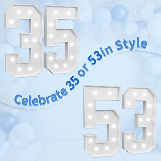 imprsv Marquee Numbers Large 35th-Birthday Decorations: 4ft Light Up Number Party Decor 35 Year Old 53th Birthday Decoration Backdrop 53 Anniversary Cardboard Big Mosaic Balloon Frame Number 35