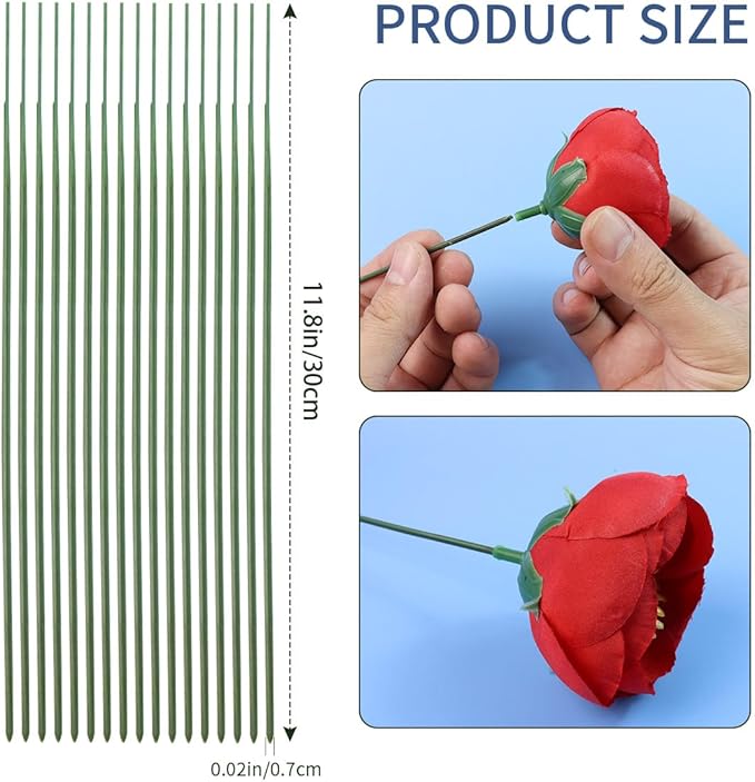 Green Floral Stems - 100pcs Plastic Flower Rods for Bouquets and Arrangements, Ideal for Crafts and Florists (30CM /12in)