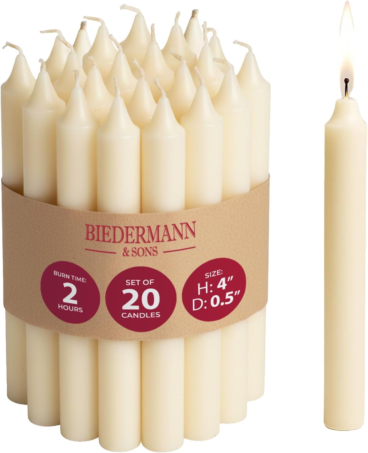 Biedermann & Sons Ivory Chime Candles (20 Count), Unscented Dripless Tapers, 4 Inch Tall 0.5 Inch Diameter, 2 Hour Long Burning Paraffin Wax, for Angel Chime Carousels and Holders