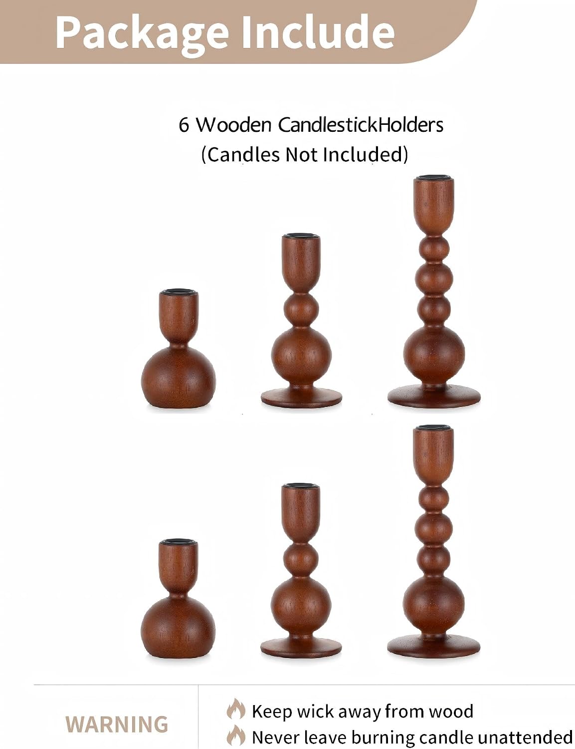 NUPTIO Wooden Taper Candle Holders, Set of 6 Brown Candlesticks
