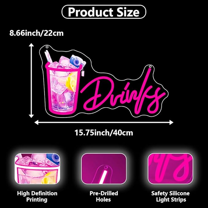 Drinks Neon Signs for Wall Decor,Cool Cocktail Glass LED Sign Art Wall Lights,Lemonade Drinks Neon Signs for Beer Bar Decor,Pub Party,Night Club,Man Cave,Business,Shop