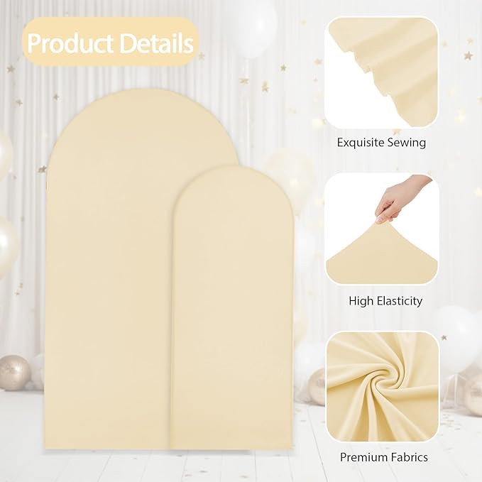 WEERRW Beige Arch Backdrop Cover Set of 2 Spandex Fitted Round Top Chiara Backdrop Stand Stretchy Wedding Covering for Event Birthday Party Banquet Decoration (6FT, 7.2FT)