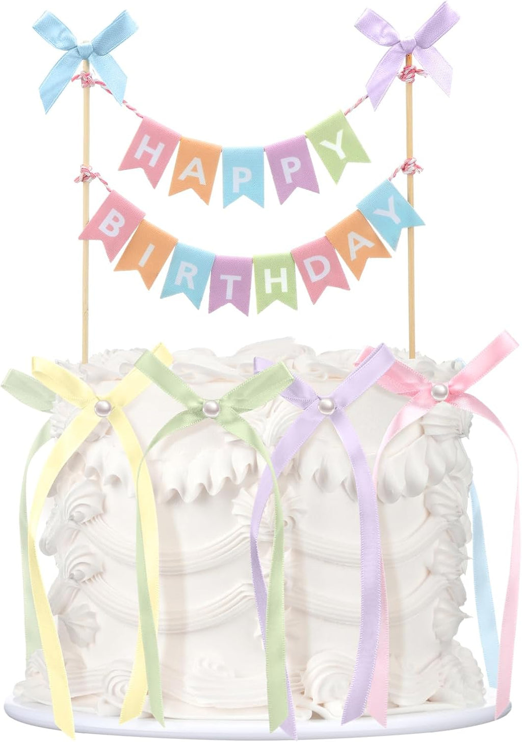 Honeydak 11 Pcs Pastel Bow Ribbon Cake Topper Happy Birthday Cake Bunting Topper with Wood Pole Handmade Pennant Flags with Bows Ribbon for Birthday, Bridal Party Decoration