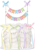 Honeydak 11 Pcs Pastel Bow Ribbon Cake Topper Happy Birthday Cake Bunting Topper with Wood Pole Handmade Pennant Flags with Bows Ribbon for Birthday, Bridal Party Decoration